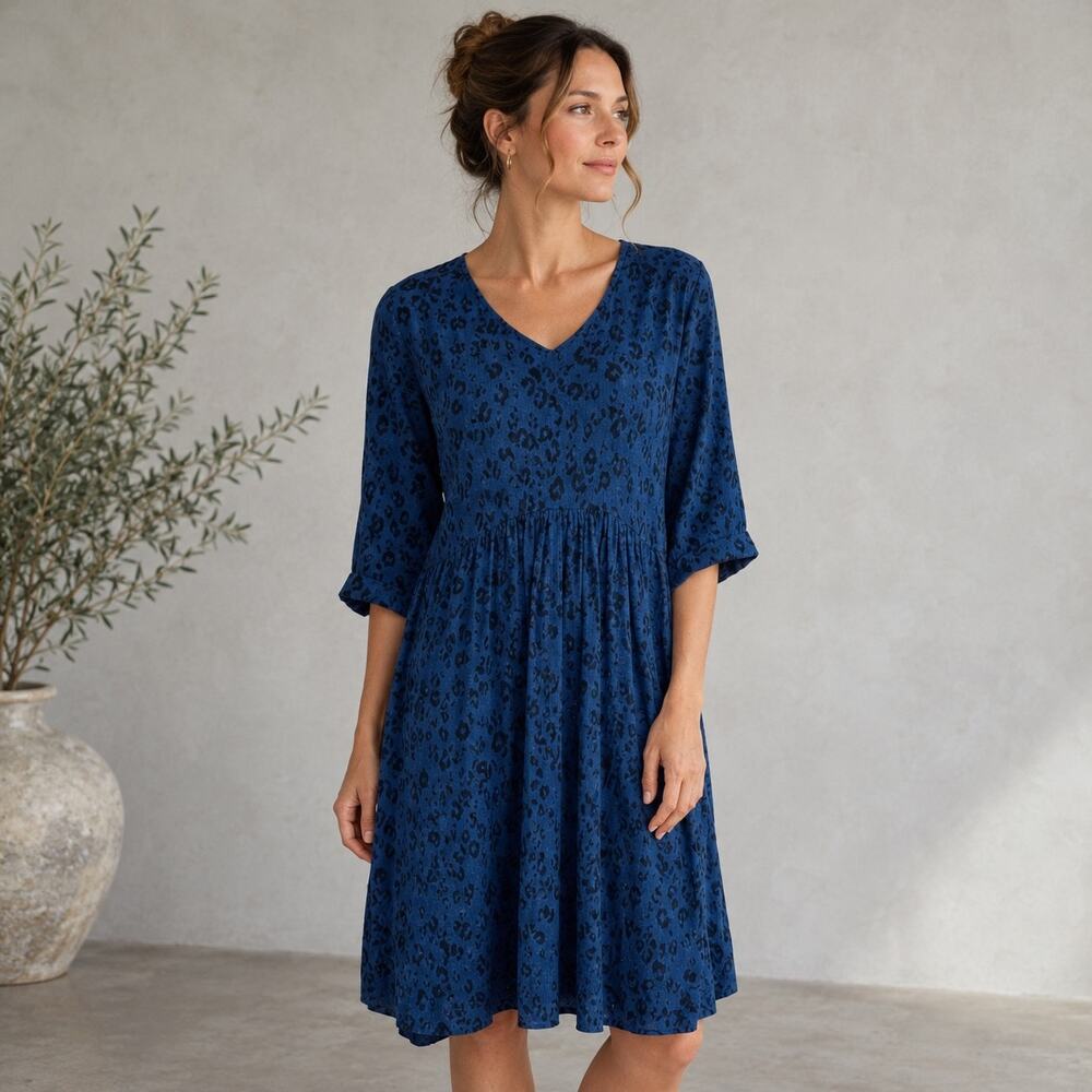 Garnet Hill Blue Black Leopard Print Long Sleeve Sheath Dress 10